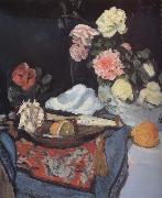 George Leslie, Fruit and Flowers on a Draped Table
